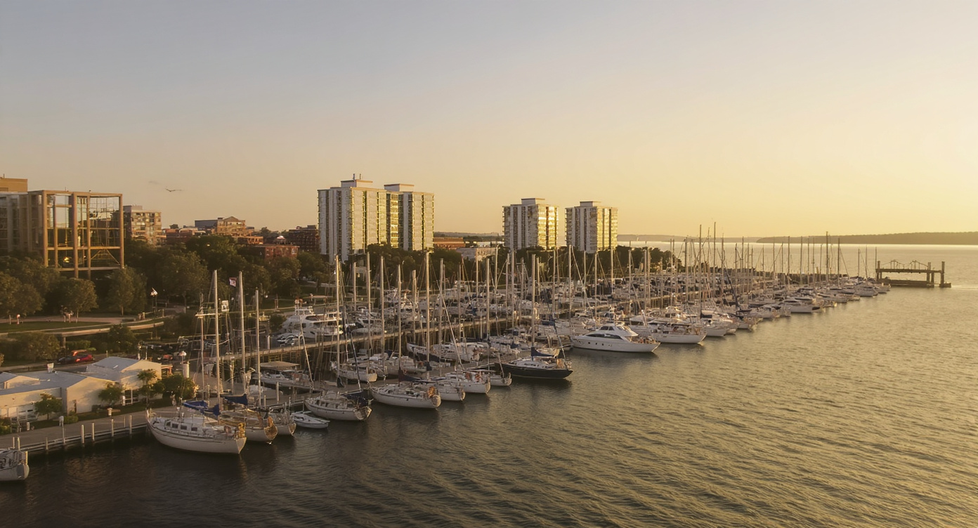 Stamford Harbor Point marina at golden hour